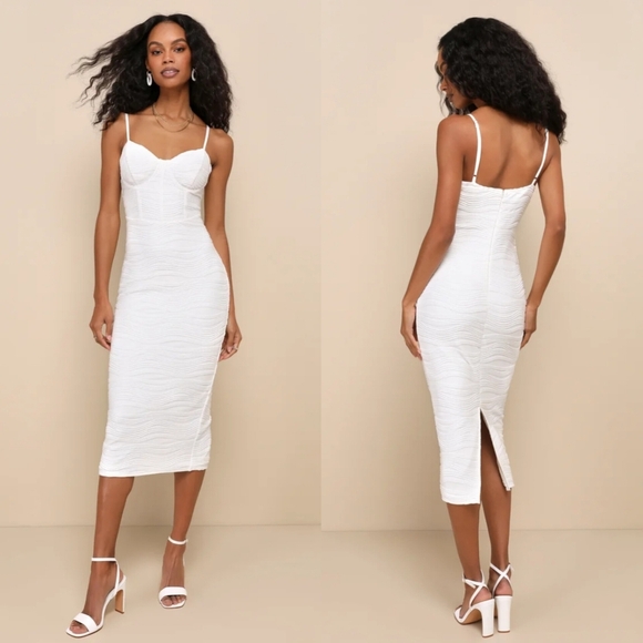 Lulus Undeniable Icon White Textured Bustier Bodycon Midi Dress S Wedding Party - Picture 1 of 10